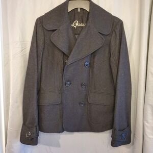 GUESS women's Size Large‎ Gray Double Breasted Wool Blend Pea Coat Lined Jacket